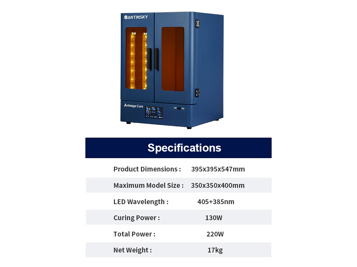 Séchage Antinsky Antmega – Post-polymérisation UV grand format à double longueur d'onde 385 nm + 405 nm
