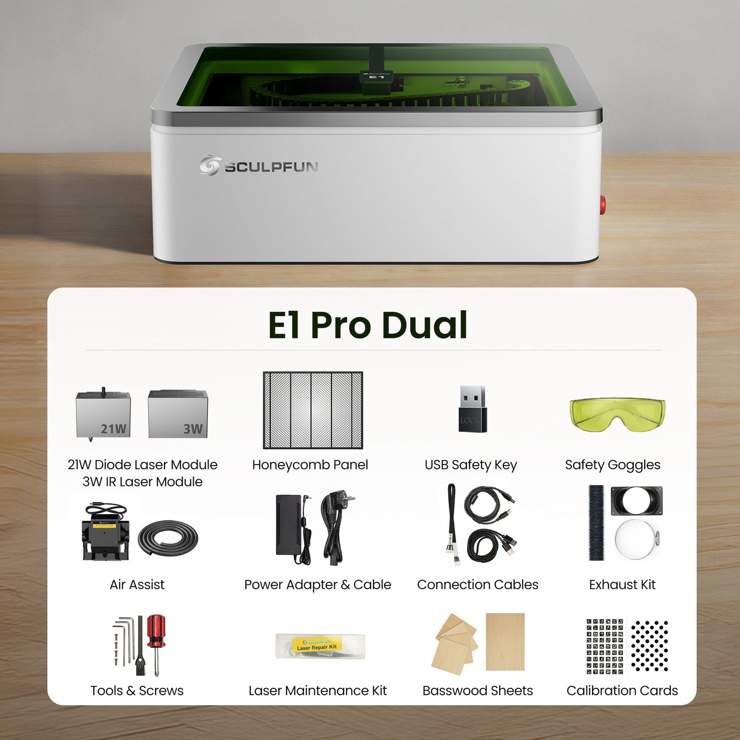SCULPFUN E1 Pro Dual Laser Graviermaschine 21W + 3W IR 400 x 320 mm